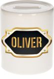 Bellatio Decorations Shoppartners Bv Spaarpot met voornaam Oliver - wit - met goud/zwart embleem - 8 x 9 cm - keramiek - met afsluitdop - cadeau verjaardag