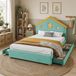 MODFU Lit enfant 140 x 200, lit maison/lit junior rembourré avec 4 tiroirs et un revêtement de tête de lit, lit en velours, sans matelas, bleu + vert