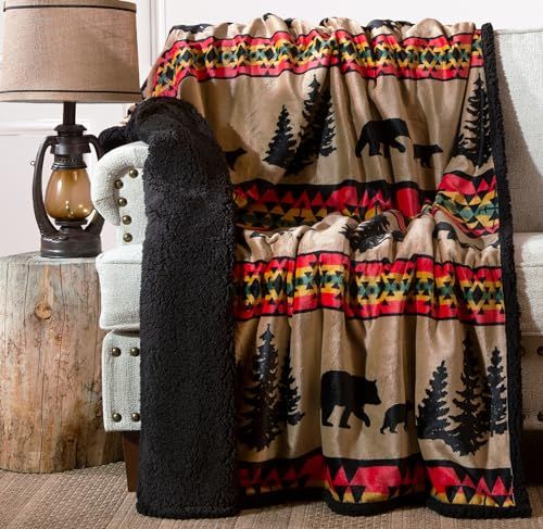 Bear Trails Black Sherpa Rustic Cabin Throw Blanket 54x68