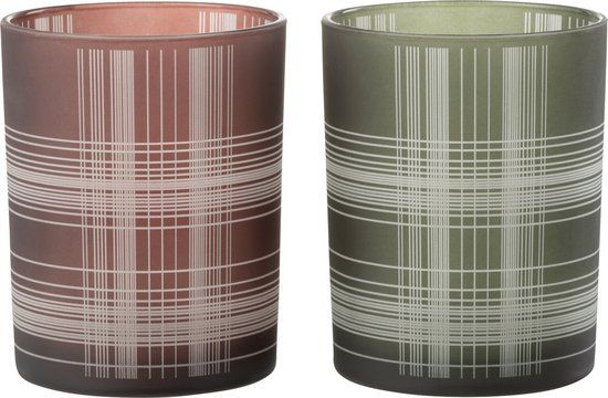 J-Line Windlicht Geruit - Glas - Bruin/Groen - Medium - 2 stuks