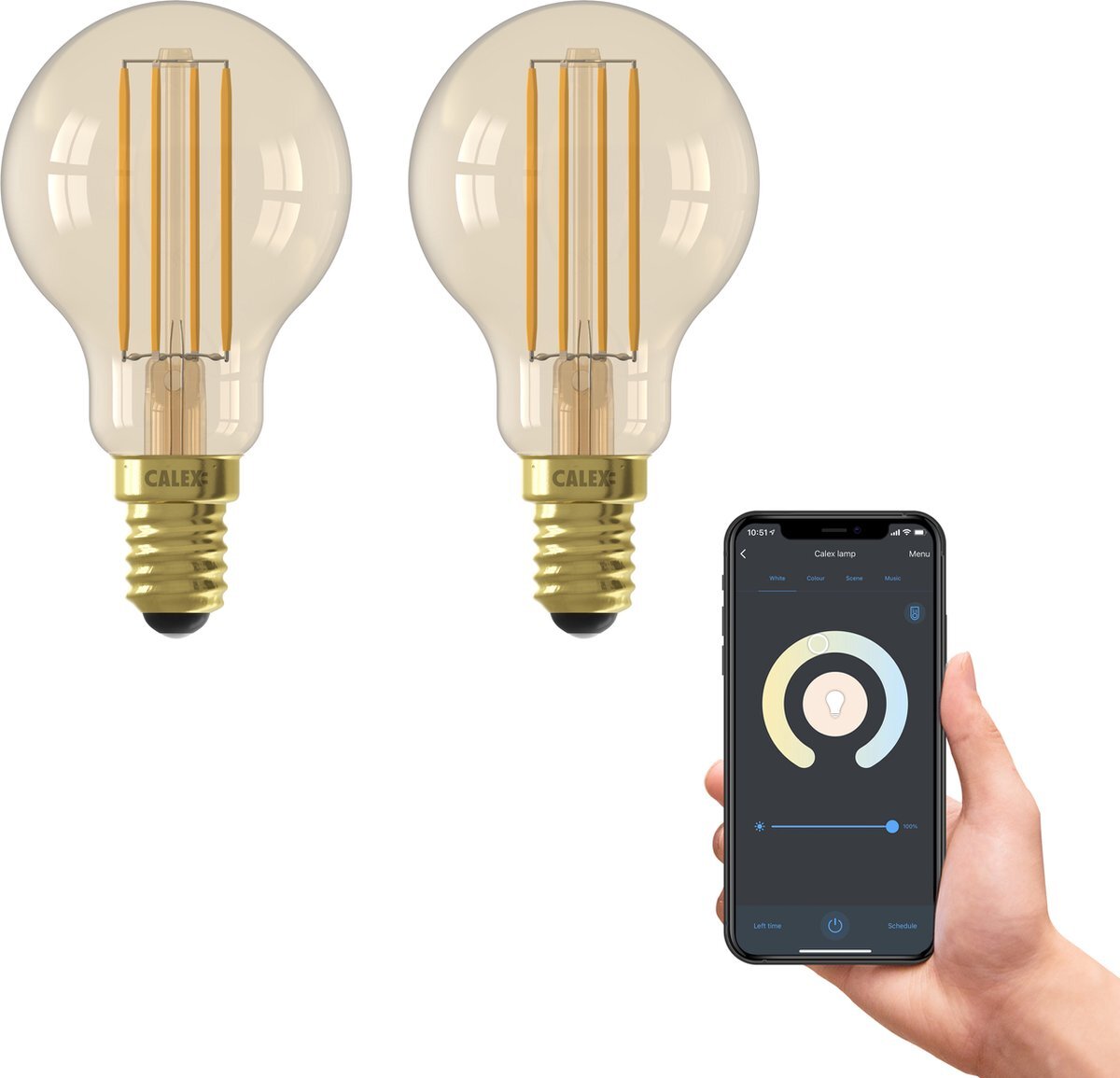 Calex Slimme Lamp - Set van 2 stuks - Wifi LED Filament Verlichting - E14 - Smart Lichtbron Goud - Dimbaar - Warm Wit licht - 4,5W