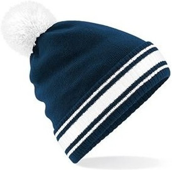 Beechfield Navy/witte beanie muts met pompon voor heren