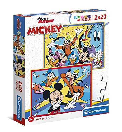 Clementoni Disney Mickey Supercolor Mickey-2 x 20 (bevat 2 20 stukjes) - Made in Italy kinderen 3 jaar, muis, cartoon-puzzel, meerkleurig, medium, 24791
