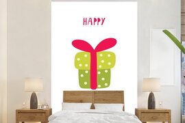 Nr1Wallpaper Behang - Fotobehang Illustratie met de quote Happy birthday en een groen cadeau - Breedte 155 cm x hoogte 240 cm