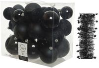 Decoris Kerstversiering kunststof kerstballen 6-8-10 cm - mix mat glans glitter - sterren folieslingers - zwart - 28 stuks