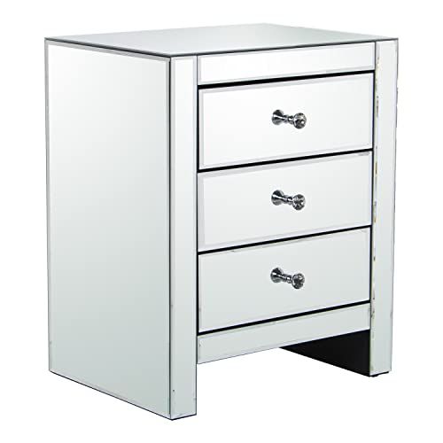 DRW Nachtkastje met 3 laden, spiegel en hout, gespiegeld, 45 x 35 x 56 cm