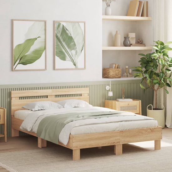 vidaXL Bedframe met hoofdeinde en LED, Sonoma eikenkleurig, 135x190 cm