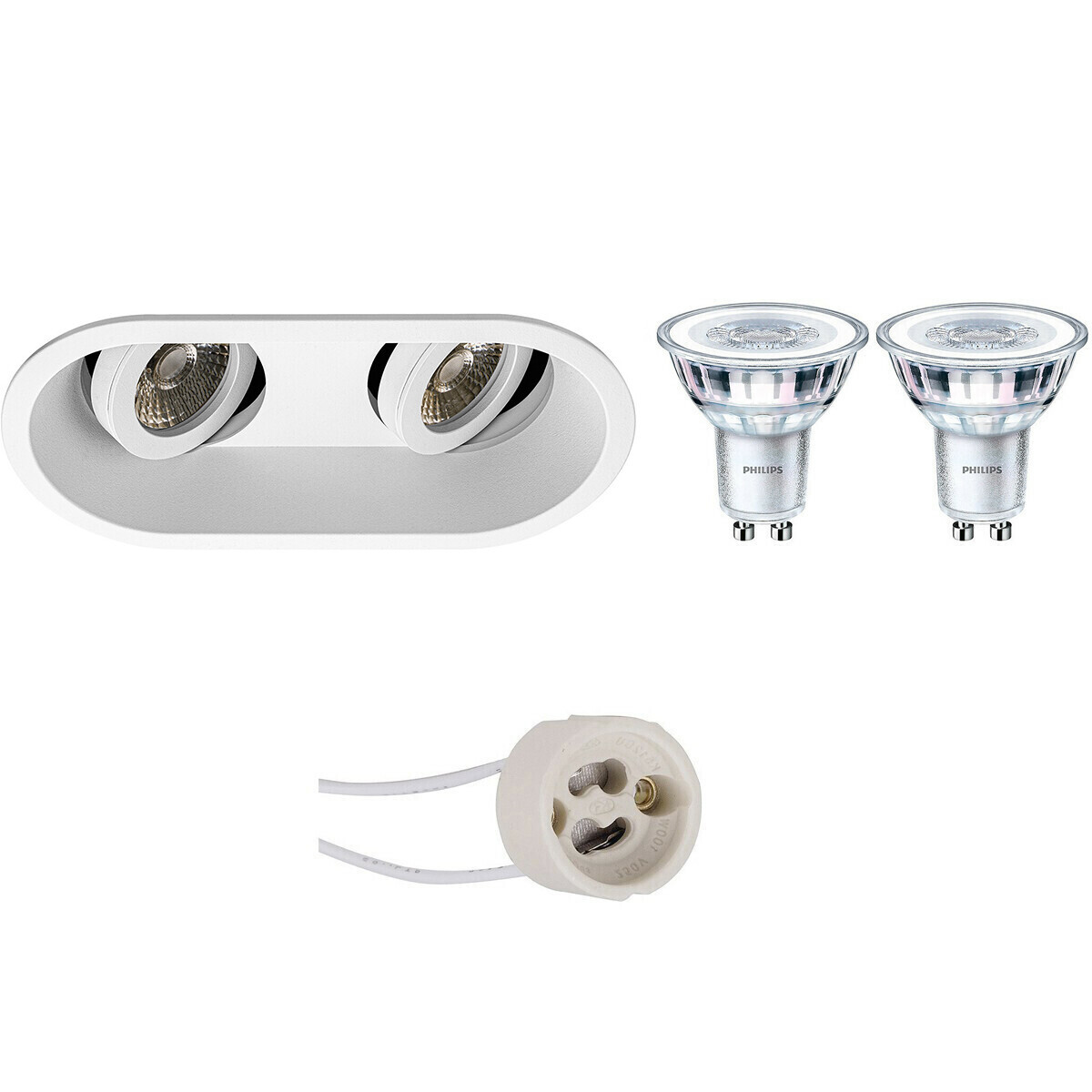 BES LED LED Spot Set - Pragmi Zano Pro - GU10 Fitting - Inbouw Ovaal Dubbel - Mat Wit - Kantelbaar - 185x93mm - Philips - CorePro 830 36D - 4.6W - Warm Wit 3000K