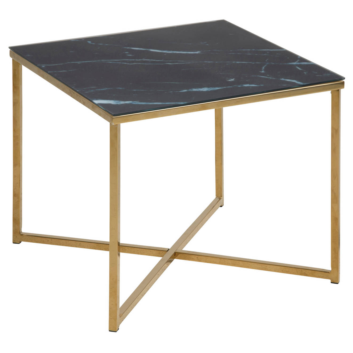 AC Design Furniture Antje vierkante bijzettafel, glazen tafelblad met zwarte marmerlook en gouden metalen voet, elegante bijzettafel woonkamer, accenttafel, 1 stuk
