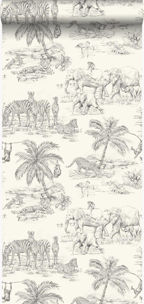 Origin Wallcoverings behang jungle-motief ivoor wit en grijs - 347442 - 53 cm x 10,05 m