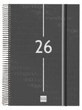 Finocam Spiraalkalender 2026, 1 dag per pagina, januari - december (12 maanden), A4-jaarplanner 2026, met elastiek, omslag van polypropyleen, spiraalbinding, zwart, Catalaans
