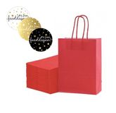 Packadi 25 kleine papieren cadeautasjes 18x8x22 cm rood + stickers 4cm « Fijne feestdagen » Kersttassen met handvat Kersttasje Kerst verpakking draagtassen