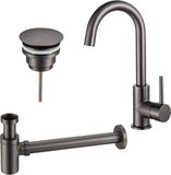 Fortifura Calvi Wastafelkraanset - hoge wastafelkraan - draaibare uitloop - always open plug - verlaagde design sifon - PVD - geborsteld gunmetal (antraciet)