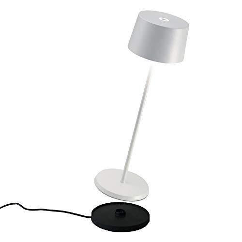 Zafferano - Olivia Pro Aluminium Dimbare LED Tafellamp, Contact Laadbasis, IP65 Bescherming, Binnen/buiten gebruik, H35,5cm, EU Stekker - Wit [Energieklasse A+++]