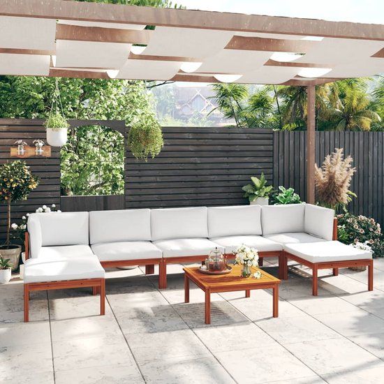 The Living Store Loungeset Acaciahout - 2x Corner Sofa 4x Middle Sofa - Footstool - Table - Cushions - White