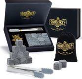 Whisiskey Luxe Whiskey Stones Set - 12 stuks - Natuursteen Whiskey Stenen Voor Glazen - IJsblokjes - Ijstang - Fluwelen Opbergzak - Herbruikbare IJsblokjes - IJsklontjes Steen - Ice Cube - Vaderdag Cadeau