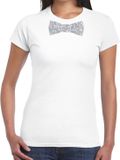 Bellatio Decorations Shoppartners Bv Wit fun t-shirt met vlinderdas in glitter zilver dames - shirt met strikje XS
