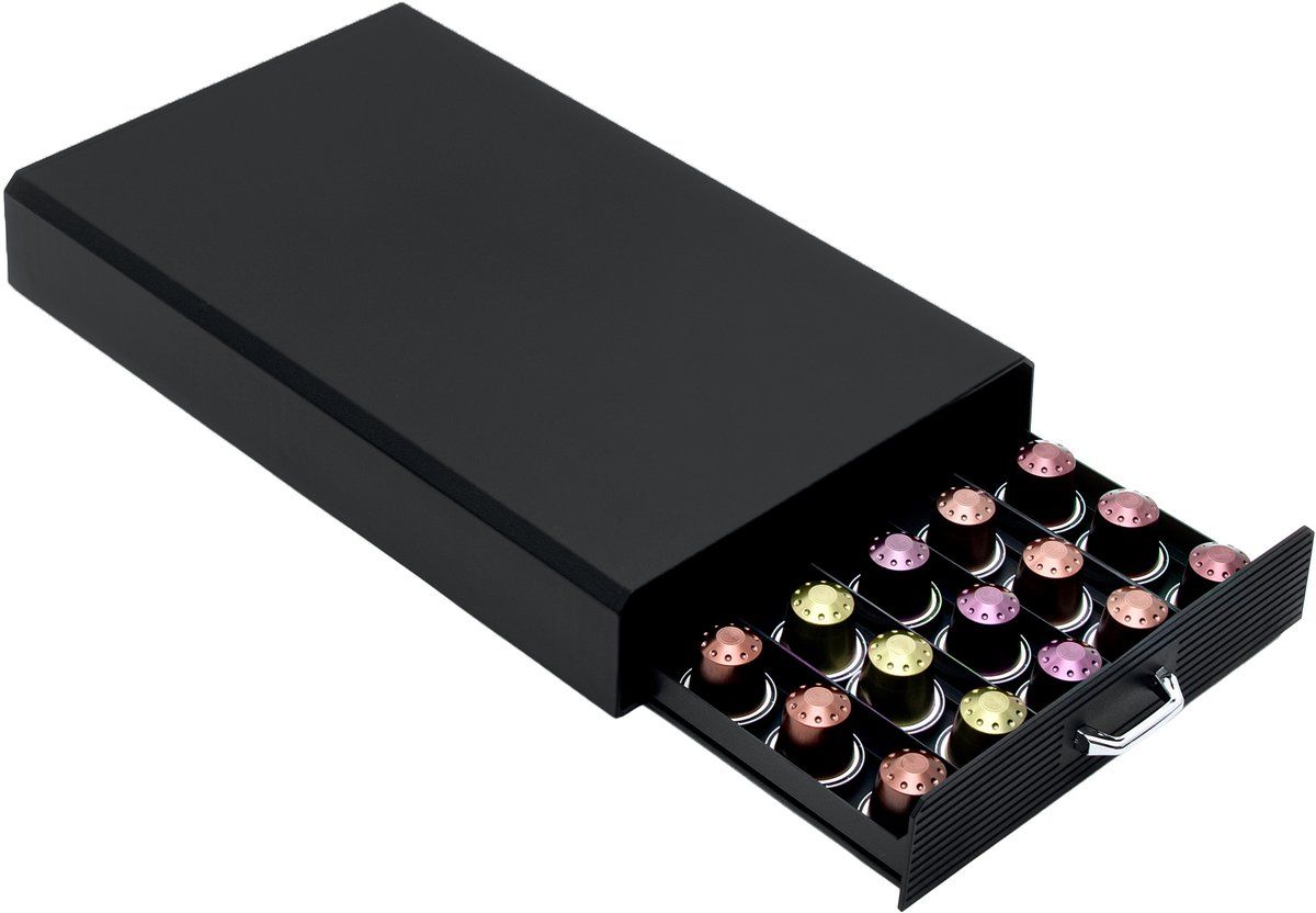Intirilife Opberglade voor 50 koffiecapsules, compatibel met Nespresso-capsules, 38,2 x 23,2 x 5,6 cm, capsulehouder, lade, opbergdoos in zwart, capsulemachine