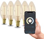 Calex Lampe intelligente - Lot de 5 pièces - Éclairage filament LED Wifi - E14 - Source lumineuse bougie intelligente Or - Dimmable - Lumière blanc chaud - 4,9W