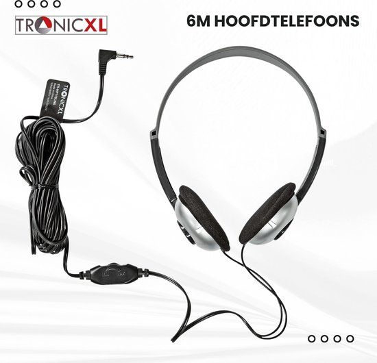 TronicXL TV Headphone with 6m Cable - Over-Ear Stereo Headset - 3.5mm Jack - Silver