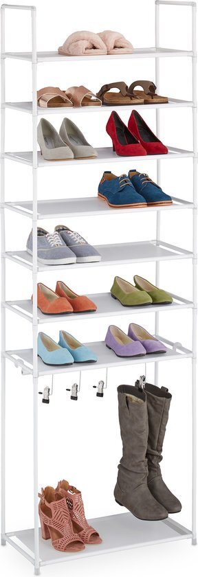 Relaxdays schoenenrek 8 etages - open schoenenkast staal - schoenen opbergrek laarzen - wit