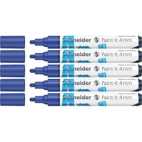 Schneider Paint-It Acrylstiften (met 4 mm ronde punt, hoogdekkende acrylverf voor hout, canvas, steen en nog veel meer.) 5-pack, blauw