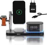 MMOBIEL Draadloze Oplader 5-in-1 met Wekker, Bluetooth Speaker & LED Nachtlamp Geschikt voor MagSafe – 25W Qi2.2 Magnetische Draadloos Oplaadstation Geschikt voor Smartphone, Smart Watch en Oordopjes – Zwart