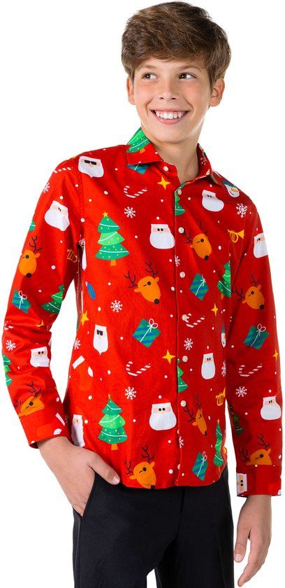 OppoSuits Festivity Red Teen Boys Shirt - Maat 16 Jaar