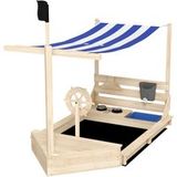 Bateau pirate bac à sable avec auvent, y compris cuisine d'enfants, bois massif, 180 x 103 x 144,5 cm, naturel + bleu