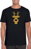 Bellatio Decorations Kerst verkleed T-shirt voor heren - Zwart - Rendier Hoofd - Glitter Goud - Maat S