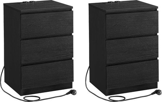 VASAGLE Nachtkastje, set van 2, bijzettafel, 3 laden, afgeschuinde rand, 2 AC-stopcontacten, 2 USB-aansluitingen, woonkamer, slaapkamer, werkkamer, modern, ebbenhout zwart