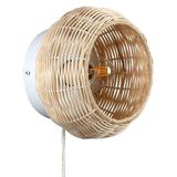 B·LED BARCELONA LED LM168 Wilgenhouten wandlamp met kabel, stekker en schakelaar, E27, ronde lampenkap, bamboe, rotan, voor binnenverlichting, nachtkastje, woonkamer, slaapkamer