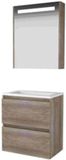 Basic-Line Premium 39 Badkamermeubelset - Ondiep - 60 x 39 cm - Greeploos - 2 Lades - Keramische Wastafel - 1 Kraangat - Spiegelkast met LED Verlichting - Scotch Oak