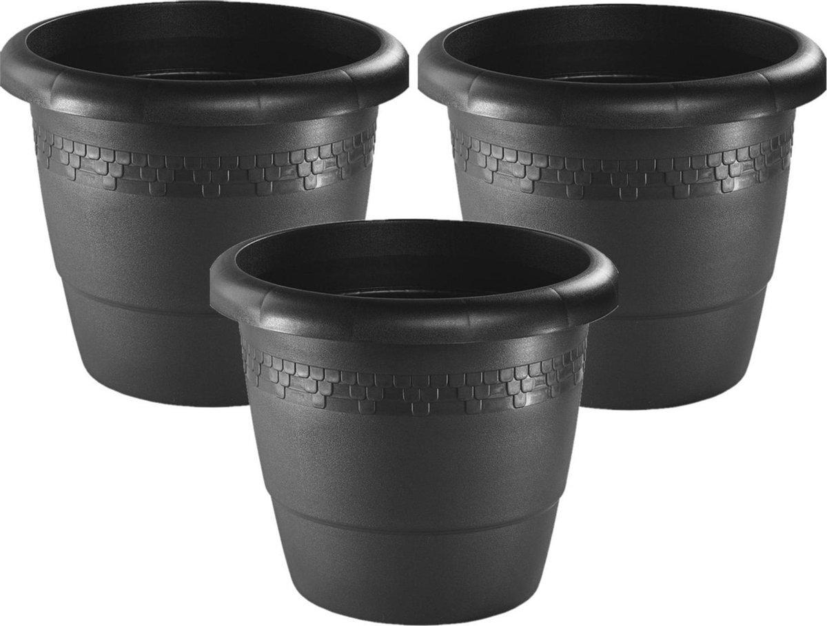 Hega hogar Set van 3x stuks bloempot/plantenpot antraciet kunststof diameter 40 cm - Hoogte 32 cm - Buiten gebruik