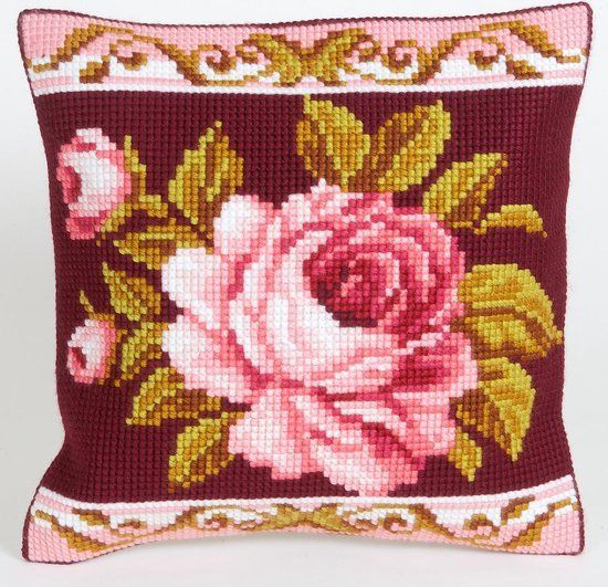 Collection D'Art Kruissteek Kussen Kit: Romantische Rose 2, Goud, 40 x 40 cm