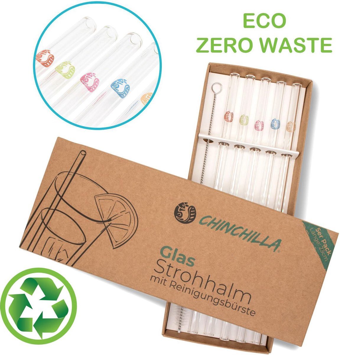 Q-chinchilla Chinchilla Zero Waste - Set van 5 rietjes 23 cm transparant met logo's - herbruikbare en plastic vrije rietjes van BPA-vrij laboratoriumglas + reinigingsborstel - duurzaam - zero waste - rietjes herbruikbaar - rietjes glas - glazen rietjes