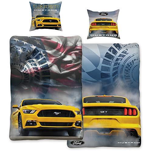 BERONAGE Ford Mustang beddengoed Legend geel / blauw 135 cm x 200 cm + 80 cm x 80 cm Stang Pony-US-Muscle Car 100% katoen in renforcé-Linon-kwaliteit Shelby GT 2 motieven omkeerbaar beddengoed ritssluiting 08