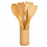 5-DELIGE Bamboeset 5-delige houten keukengerei 30 cm met standaard, spatel en keukenlepel