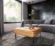 Shavani Table Basse 90 x 90 cm Acacia Naturel 2 Portes Pieds en L Métal Noir