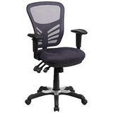 Donkergrijze multifunctionele ergonomische draaiende directiebureaustoel met middelhoge rugleuning van gaas en verstelbare armleuningen