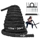 Yes4All Battle Rope 9 m/12 m/15 m lengte, 38 mm/50 mm diameter Poly Dacron Battle Oefeningstouw met beschermhoes - stalen anker en riem inbegrepen