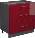 Vicco Fame-Line Meuble bas de cuisine – 80 cm avec 3 tiroirs, sans plan de travail Bordeaux rouge laqué brillant