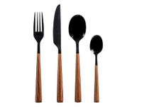 H&H Sylva Bestekset van 24 stuks, roestvrij staal, zwart, hoogglans en houteffect, ABS-handvat, vaatwasmachinebestendig, geschikt voor 6 personen