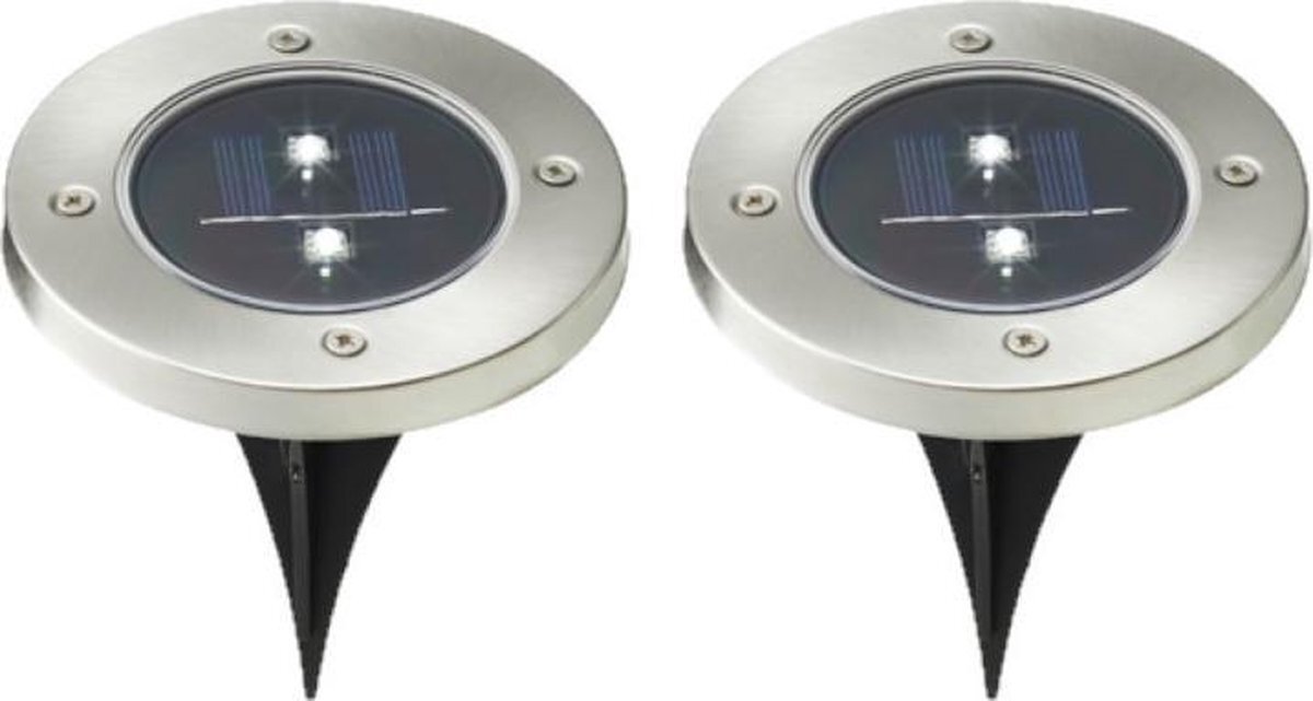 CEPEWA Set van 8x stuks solar tuinlampen/prikspots grondspot op zonne-energie 12 cm RVS - Prikspots tuinverlichting