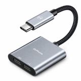 DrPhone DuoSound 60 USB-C naar Dubbele USB-C Adapter – Audio en Opladen Tegelijk – DAC – 60W PD – Grijs
