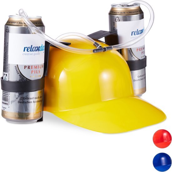 Relaxdays drinkhelm voor 2 blikjes - helm - bierhelm - helm met slang - zuiphelm - voetbal geel