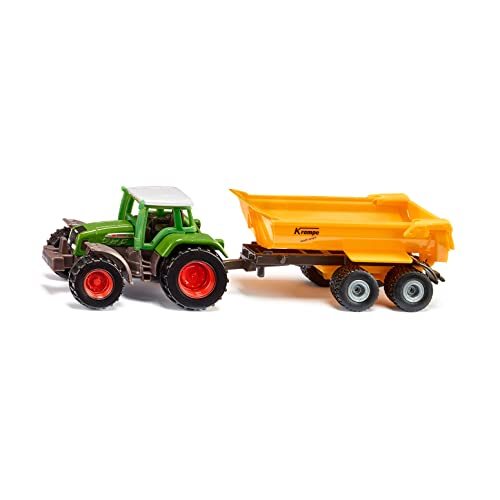 SIKU 1605, Fendt tractor met Krampe kiepwagen, speelgoedtractor, metaal/kunststof, groen/geel, afneembare cabine, kiepbak, aanhanger met rubberen lichtlopende wielen, trekhaak