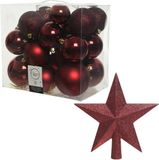 Kaemingk B.V. Décoration de Noël boules de Noël en plastique rouge foncé 6-8-10 cm paquet de 27x pièces - Avec étoile de sapin en plastique de 19 cm
