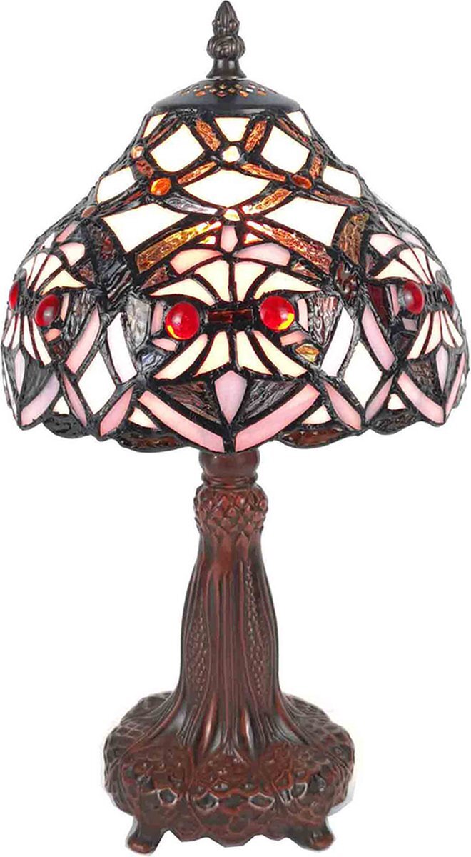 HAES deco - Tiffany Tafellamp Ø 20x37 cm Paars Wit Kunststof Glas Tiffany Bureaulamp Tiffany Lampen Glas in Lood