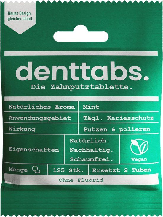 Denttabs Tandpastatabletten Mint - Zonder Fluoride - 125 stuks - Vegan